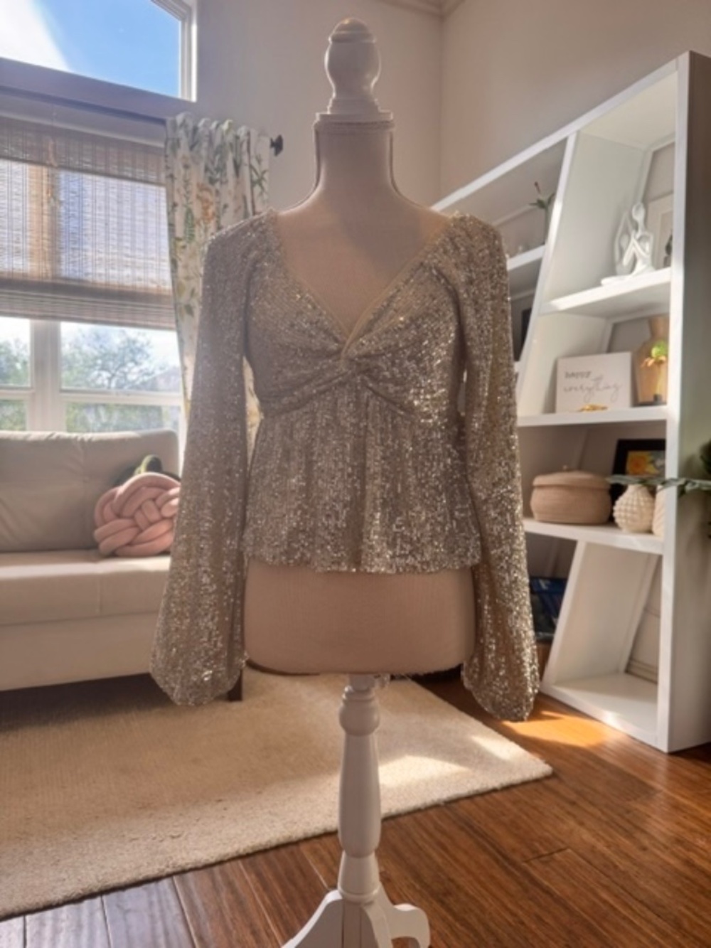 Francesca's Silver Sequin Twist Front Long Sleeve Blouse NWT - Small